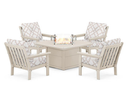 POLYWOOD® Vineyard 5-Piece Conversation Set with Fire Pit Table in Sand / Trellis Dune Burlap