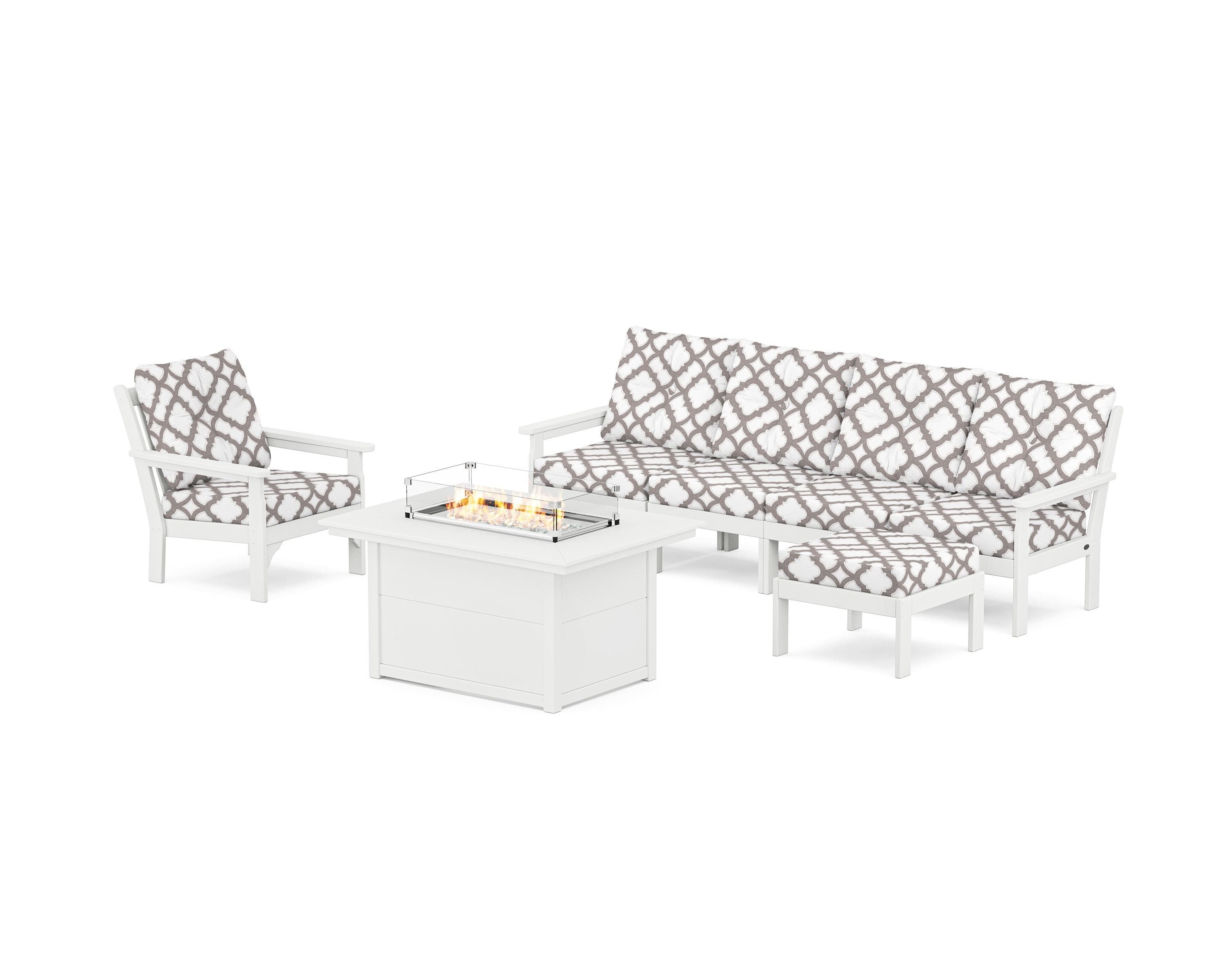 POLYWOOD® Vineyard Sectional Lounge and Fire Pit Set in White / Trellis Grey Mist