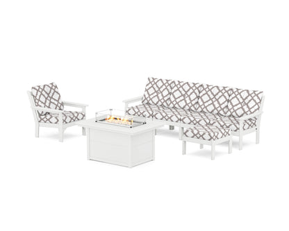 POLYWOOD® Vineyard Sectional Lounge and Fire Pit Set in White / Trellis Grey Mist