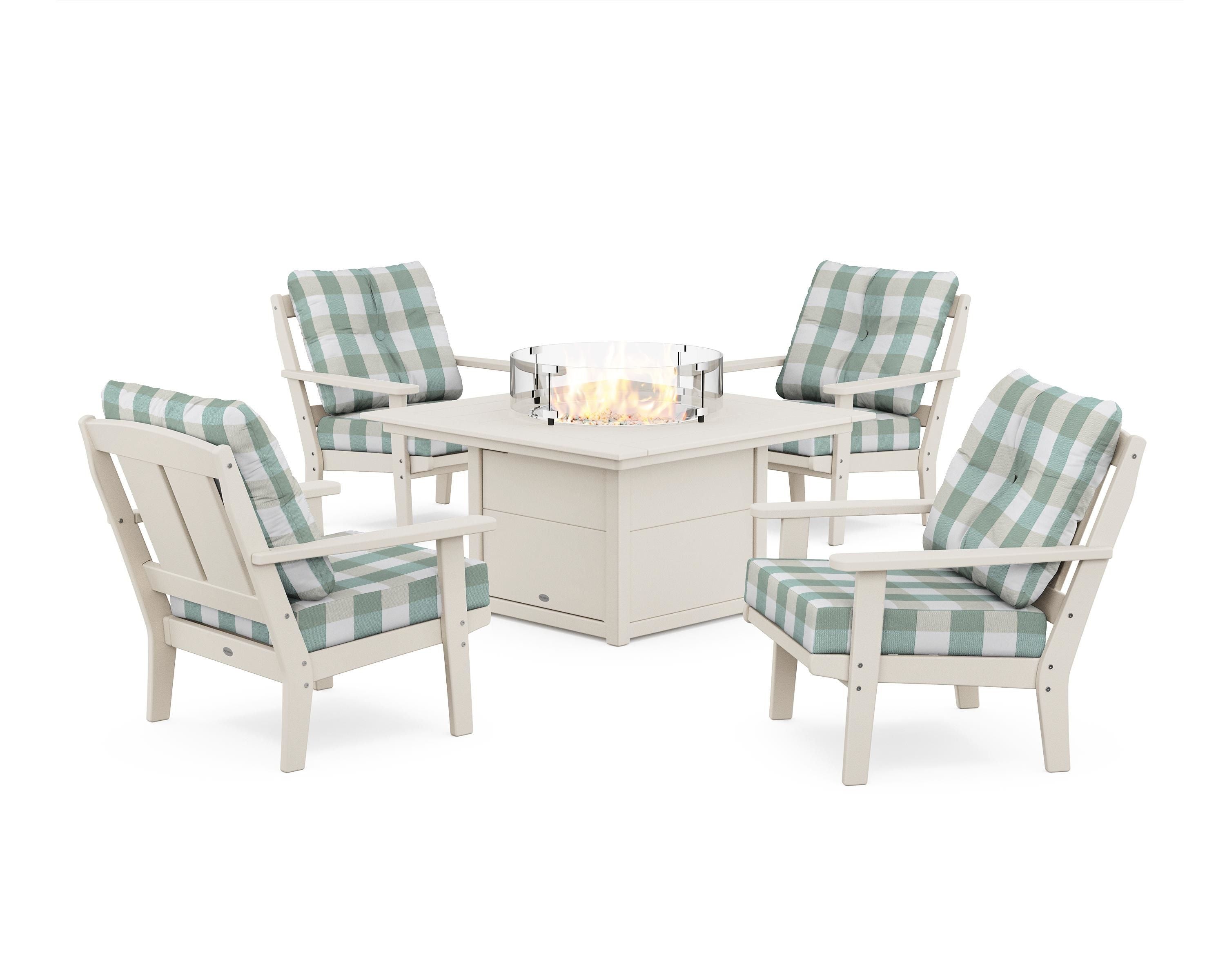 POLYWOOD® Mission 5-Piece Deep Seating Set with Fire Pit Table in Sand / Buffalo Plaid Glacier Spa