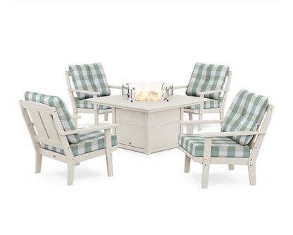 POLYWOOD® Mission 5-Piece Deep Seating Set with Fire Pit Table in Sand / Buffalo Plaid Glacier Spa
