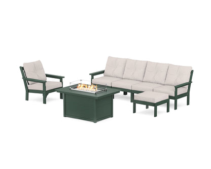 POLYWOOD® Vineyard Sectional Lounge and Fire Pit Set in Green / Dune Burlap