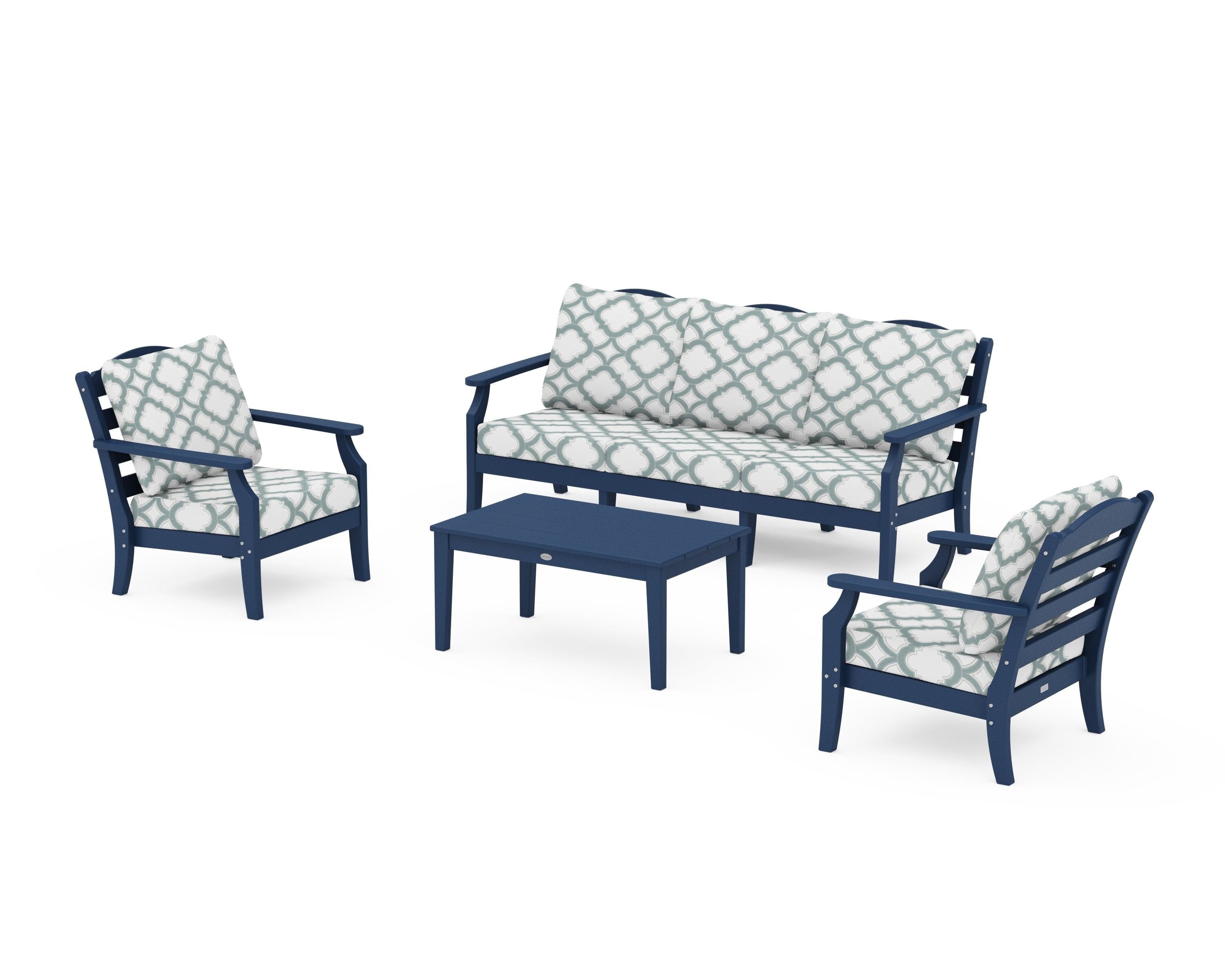 Draper James™ by  POLYWOOD® Savannah 4-Piece Deep Seating Set with Sofa in Navy / Trellis Glacier Spa