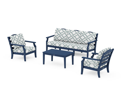 Draper James™ by  POLYWOOD® Savannah 4-Piece Deep Seating Set with Sofa in Navy / Trellis Glacier Spa