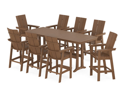 POLYWOOD® Modern Curveback Adirondack 9-Piece Bar Set with Trestle Legs in Teak