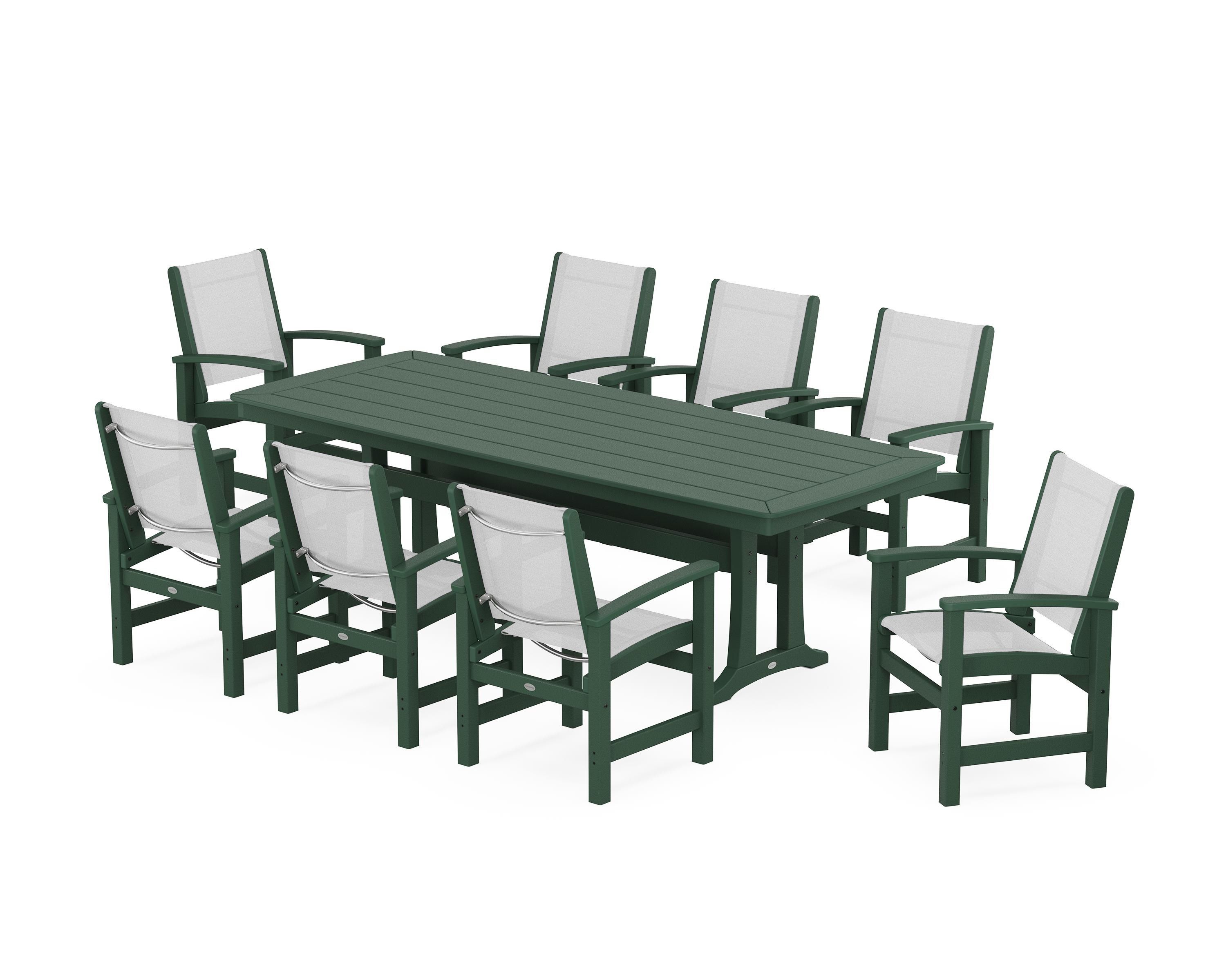 POLYWOOD® Coastal 9-Piece Dining Set with Trestle Legs in Green / White Sling