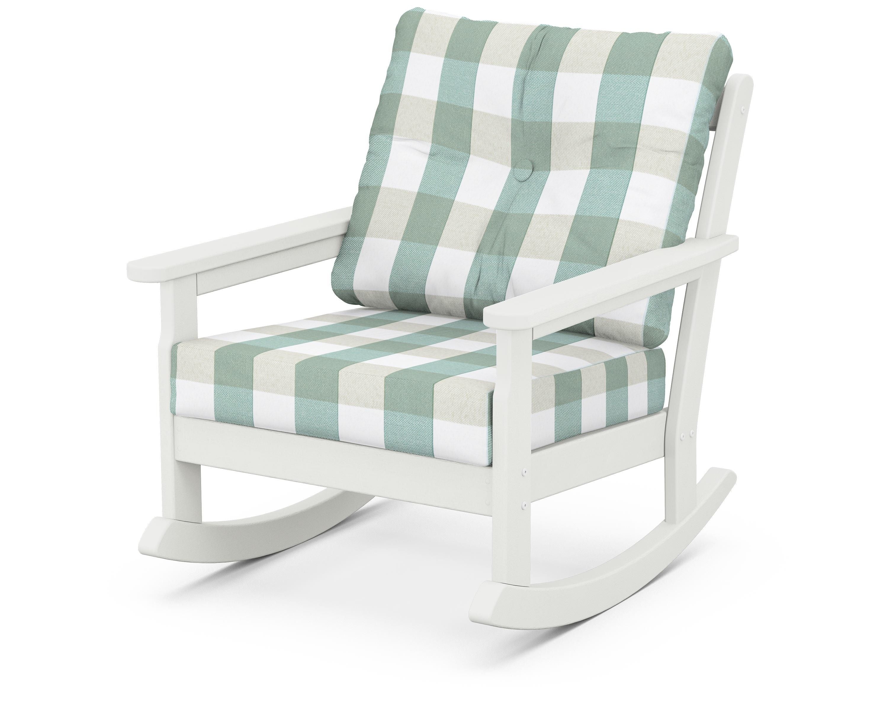 POLYWOOD® Vineyard Deep Seating Rocking Chair in Vintage White / Buffalo Plaid Glacier Spa