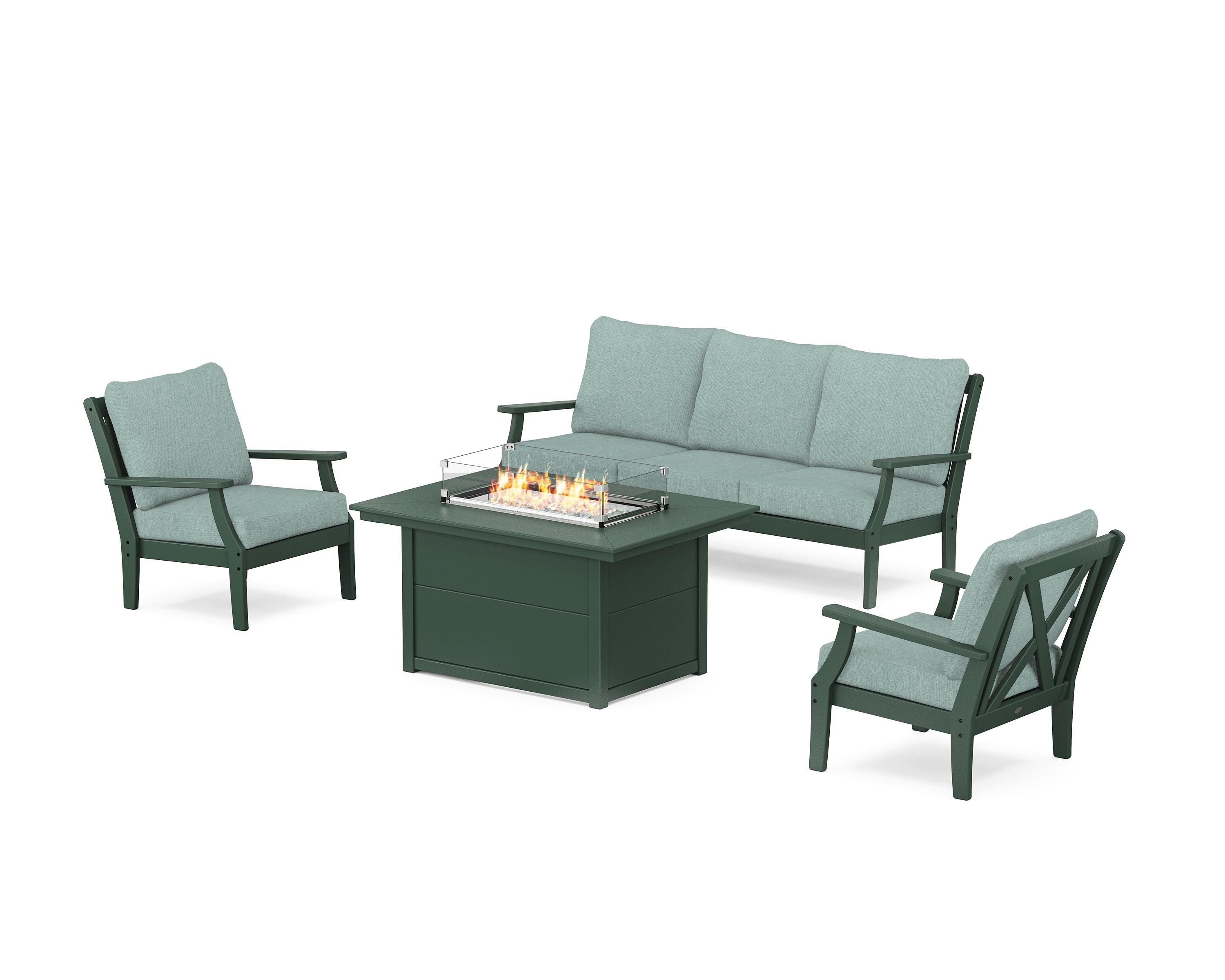 POLYWOOD® Braxton Deep Seating Fire Pit Table Set in Green / Glacier Spa