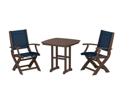 POLYWOOD® Coastal Folding Chair 3-Piece Dining Set in Mahogany / Navy Blue Sling