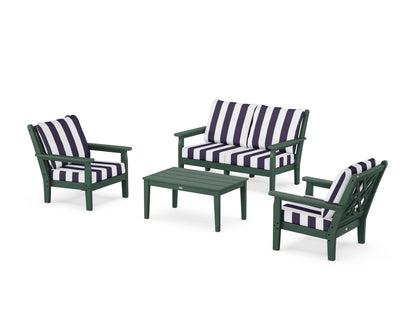 POLYWOOD® Chippendale 4-Piece Deep Seating Set with Loveseat in Green / Cabana Stripe Navy