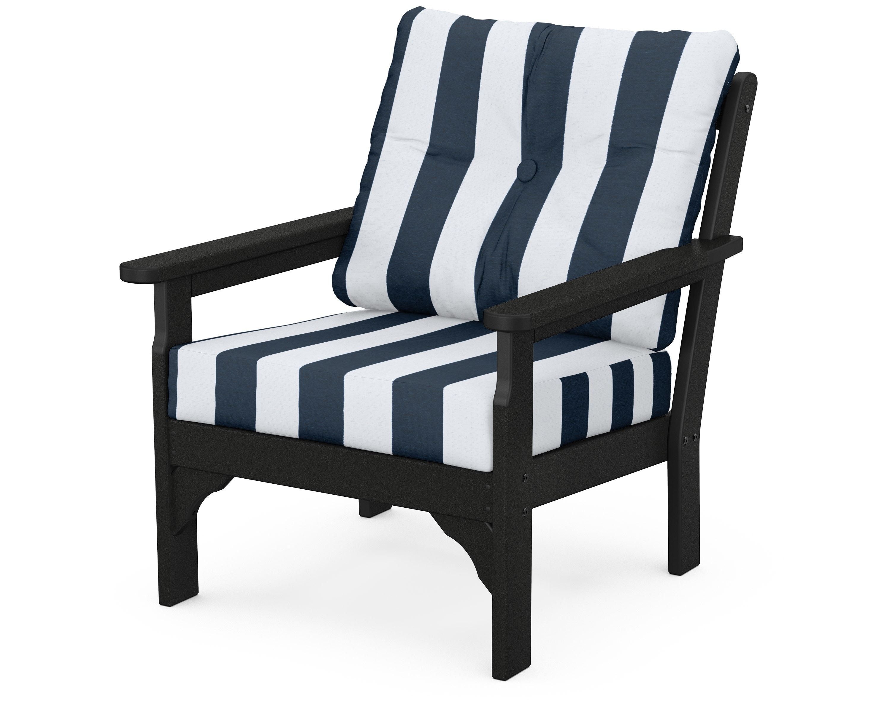 POLYWOOD® Vineyard Deep Seating Chair in Black / Cabana Stripe Marine Indigo