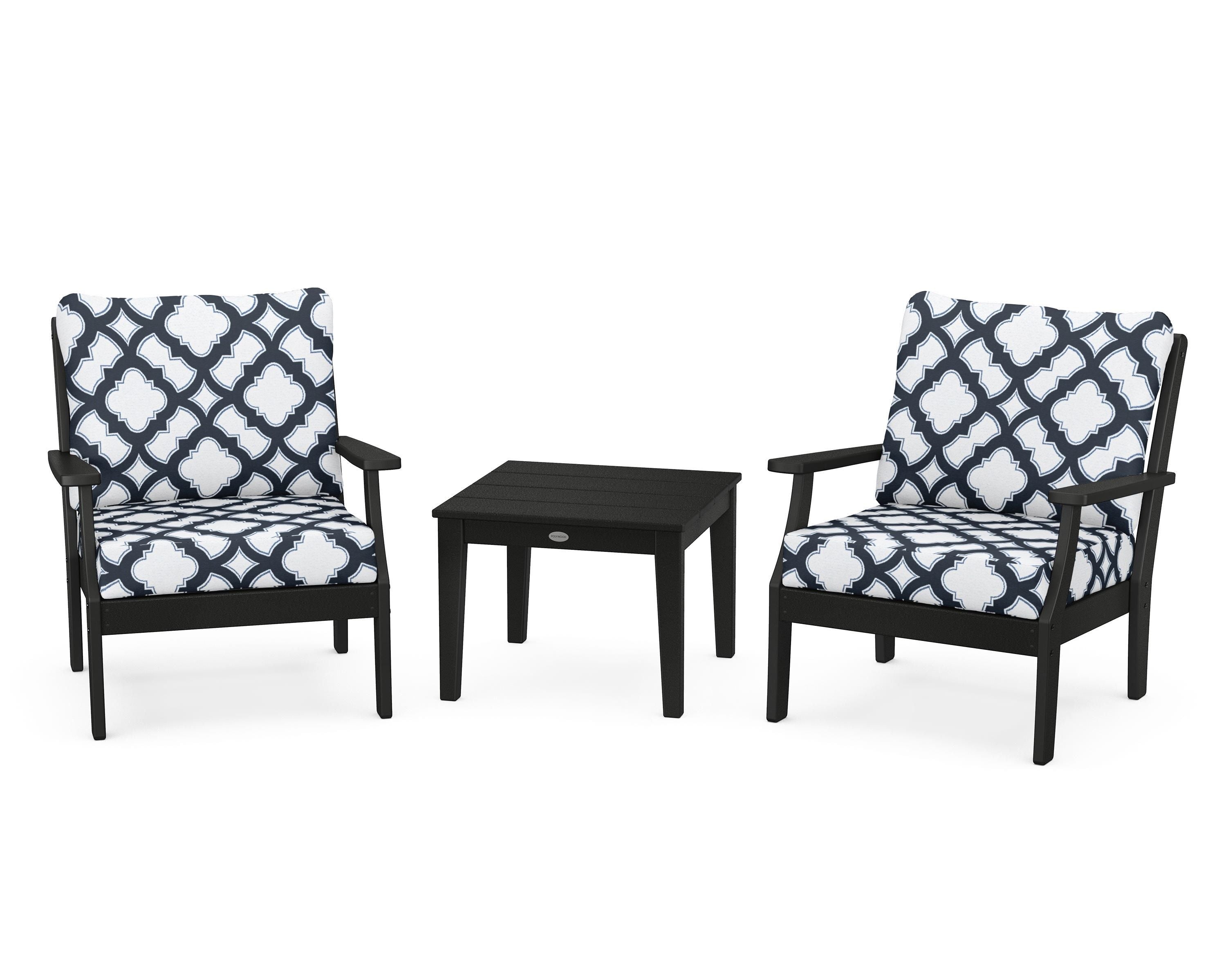 POLYWOOD® Braxton 3-Piece Deep Seating Set in Black / Trellis Marine Indigo