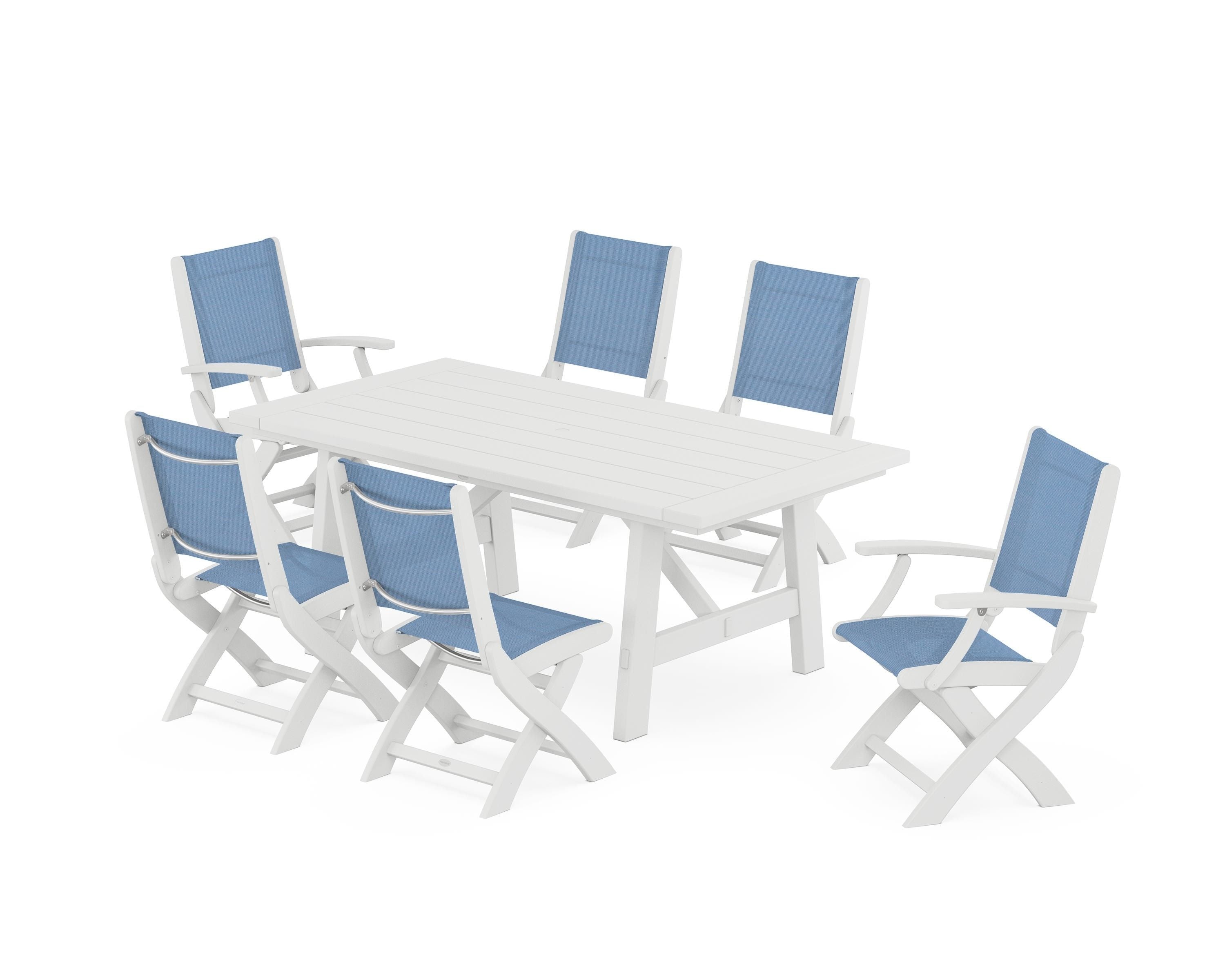 POLYWOOD® Coastal Folding Chair 7-Piece Rustic Farmhouse Dining Set in White / Poolside Sling