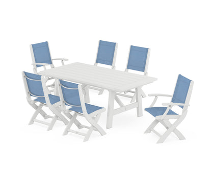 POLYWOOD® Coastal Folding Chair 7-Piece Rustic Farmhouse Dining Set in White / Poolside Sling