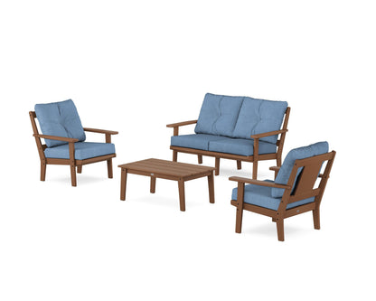 POLYWOOD® Prairie 4-Piece Deep Seating Set with Loveseat in Teak / Sky Blue