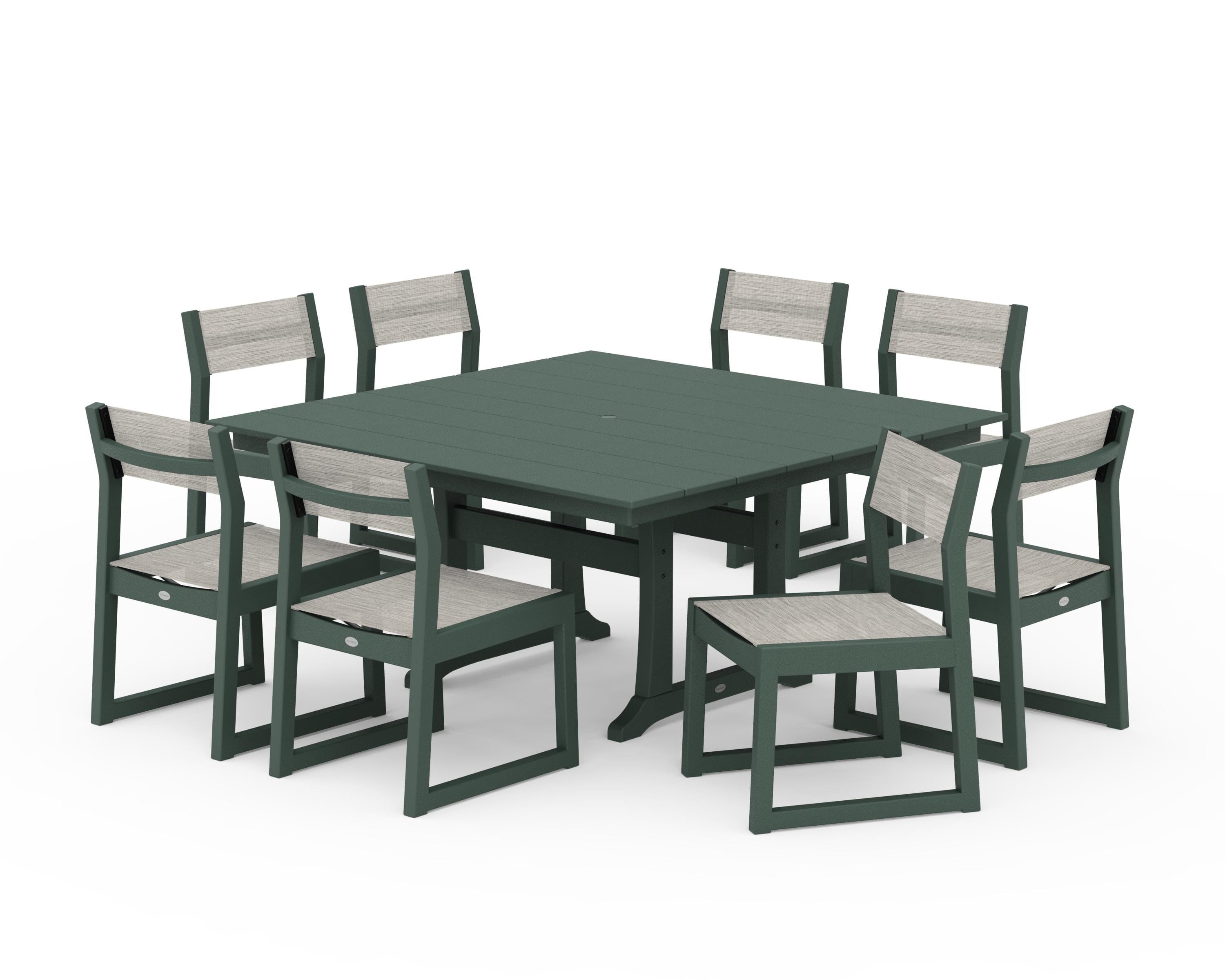 POLYWOOD® EDGE Sling Side Chair 9-Piece Farmhouse Trestle Dining Set in Green / Birch Sling