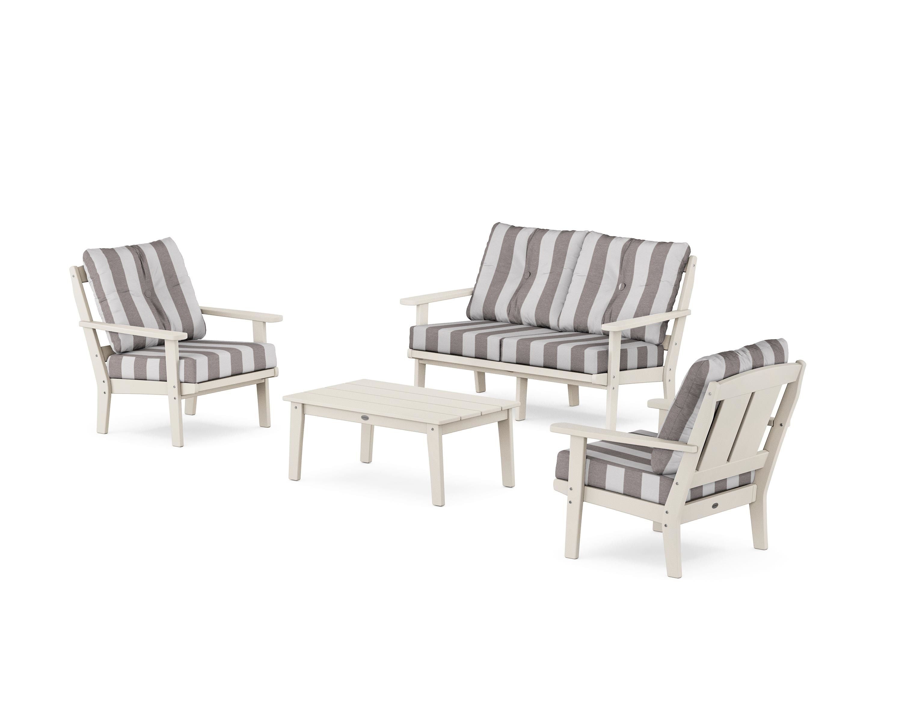 POLYWOOD® Mission 4-Piece Deep Seating Set with Loveseat in Sand / Cabana Stripe Grey Mist