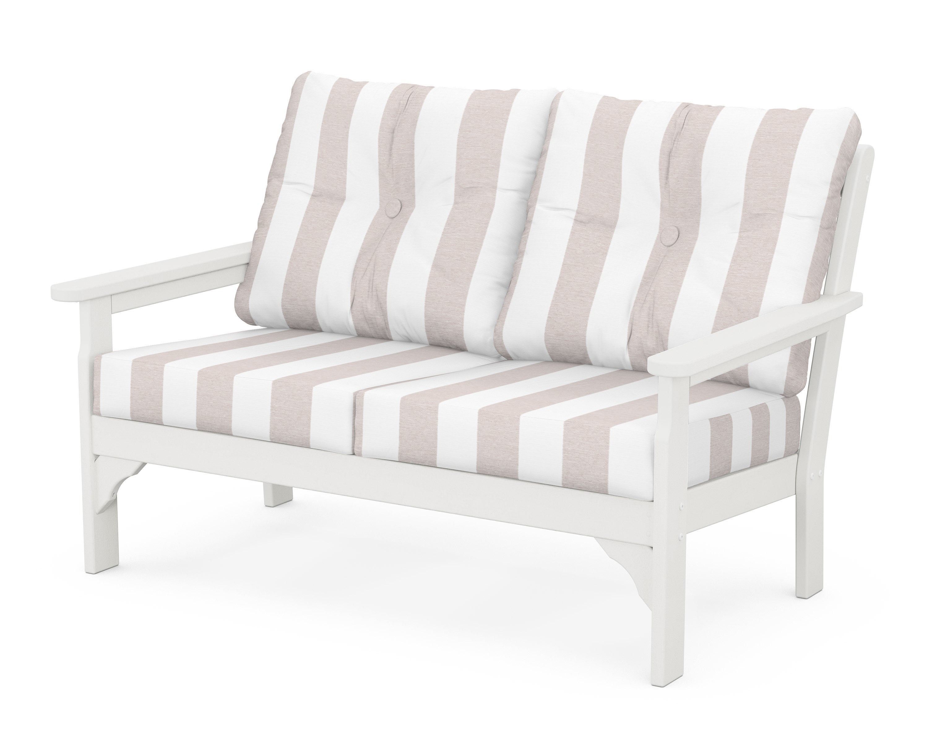 POLYWOOD® Vineyard Deep Seating Loveseat in Vintage White / Cabana Stripe Dune Burlap