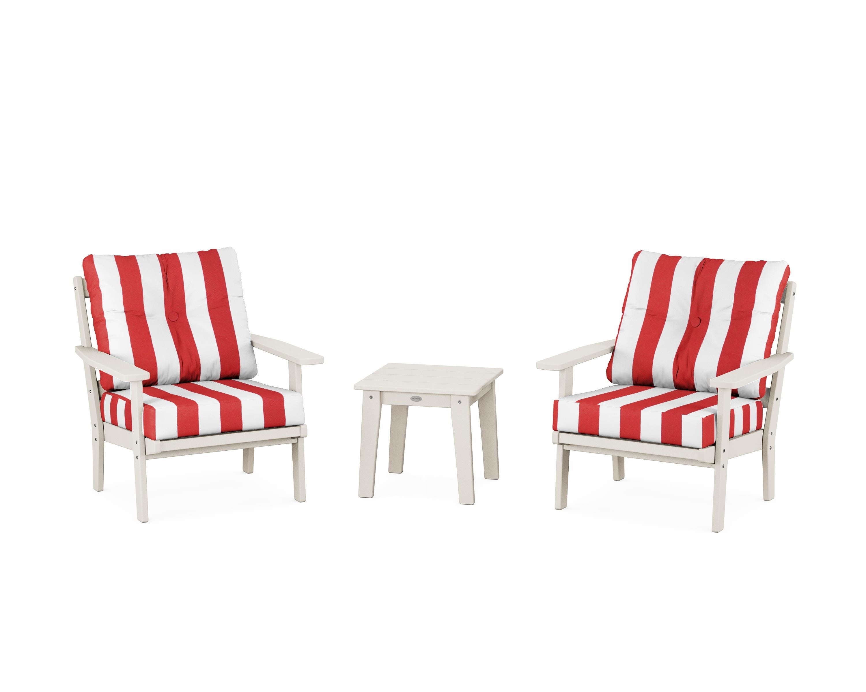 POLYWOOD® Oxford 3-Piece Deep Seating Set in Sand / Cabana Stripe Crimson
