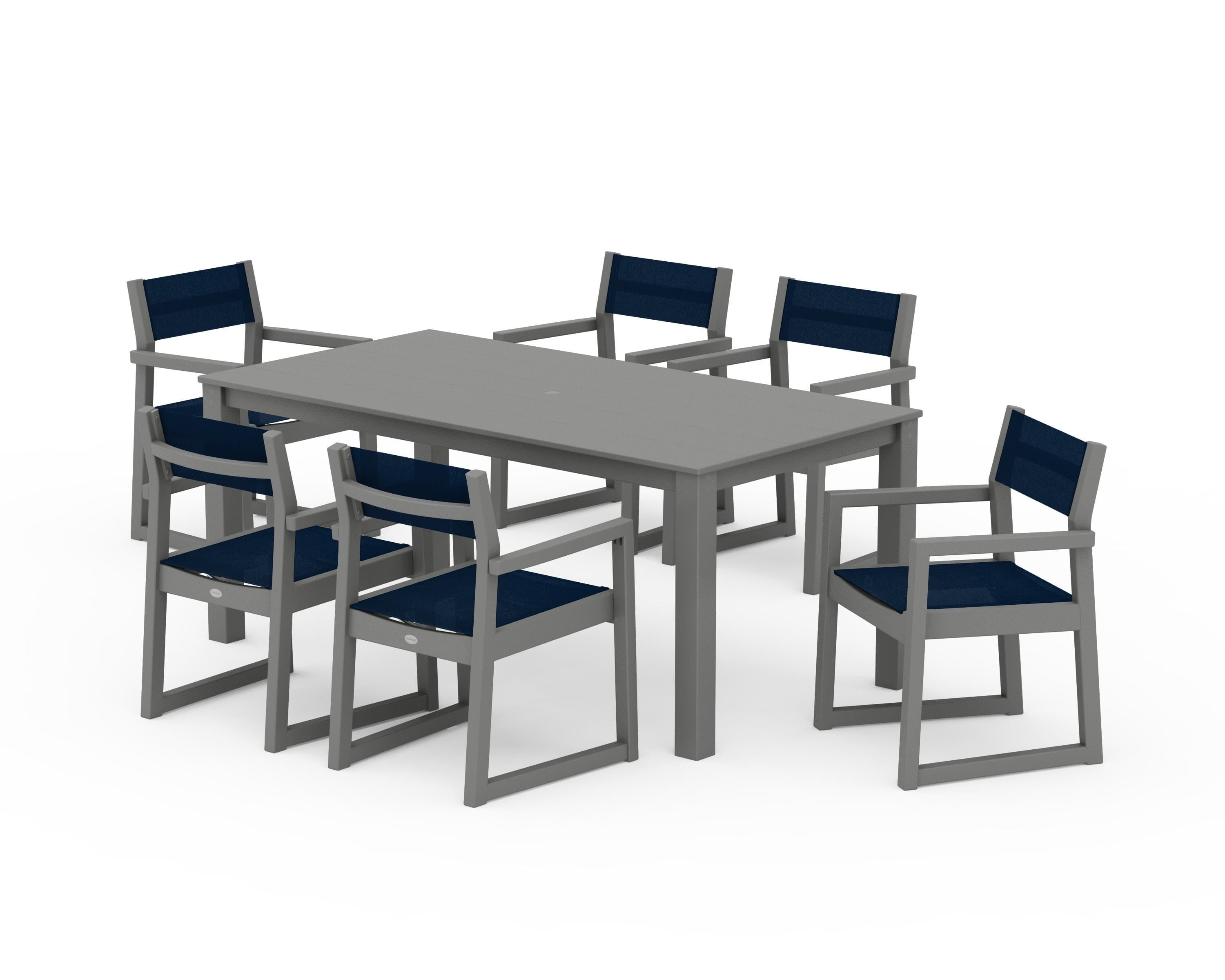 POLYWOOD® EDGE Sling Arm Chair 7-Piece Parsons Dining Set in Slate Grey / Navy Blue Sling