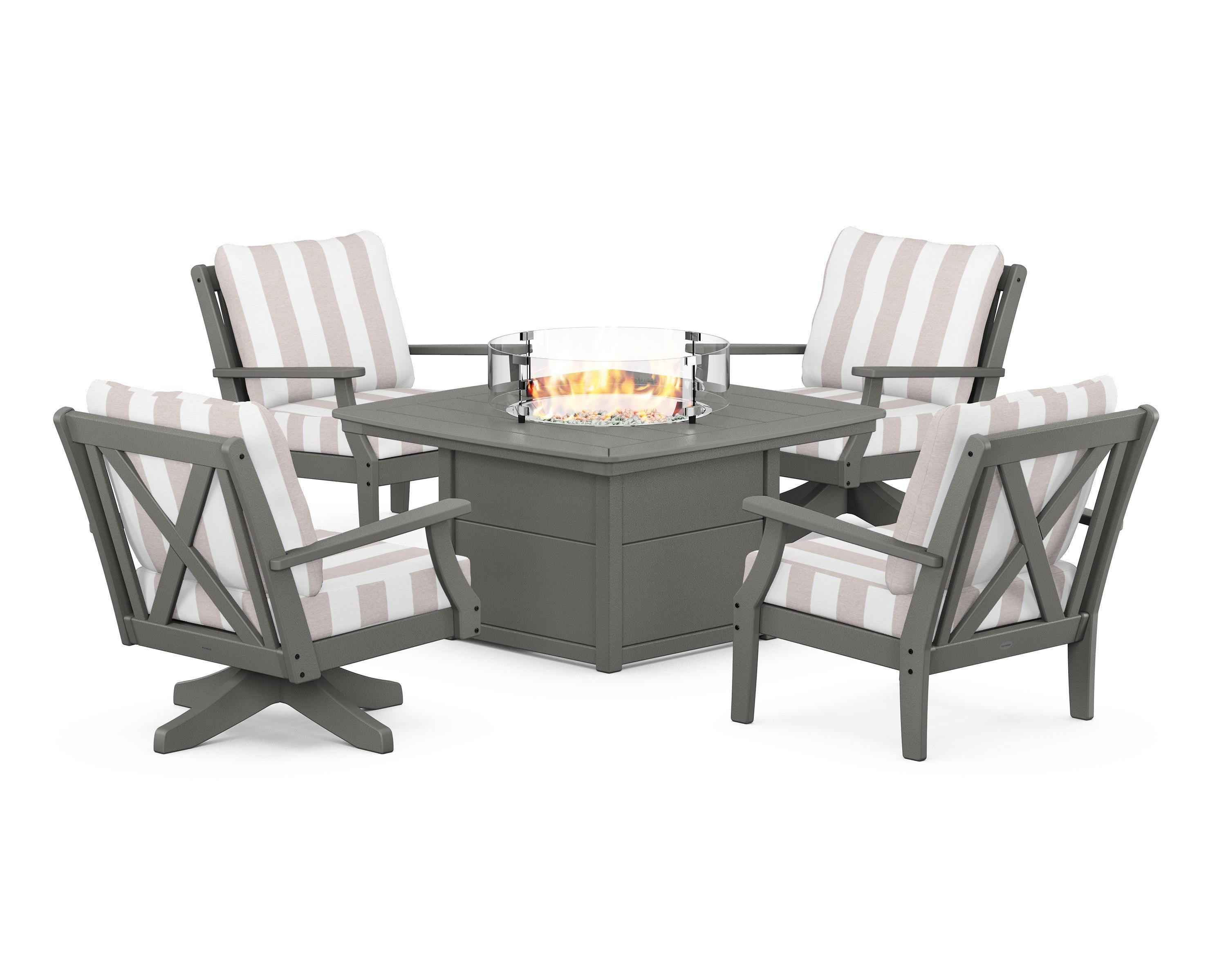 POLYWOOD® Braxton 5-Piece Deep Seating Set with Fire Table in Slate Grey / Cabana Stripe Dune Burlap