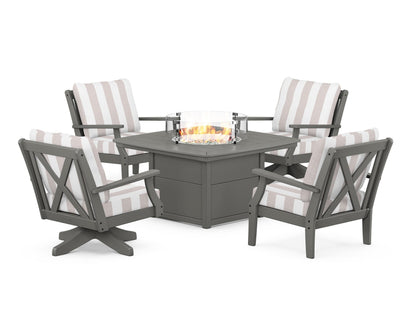 POLYWOOD® Braxton 5-Piece Deep Seating Set with Fire Table in Slate Grey / Cabana Stripe Dune Burlap