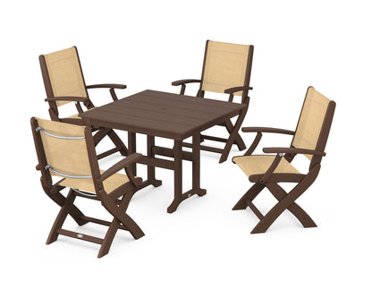 POLYWOOD® Coastal Folding Chair 5-Piece Farmhouse Dining Set in Mahogany / Dupioni Apricot Sling