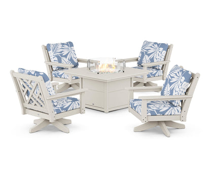 POLYWOOD® Chippendale 5-Piece Deep Seating Swivel Conversation Set with Fire Pit Table in Sand / Leaf Sky Blue
