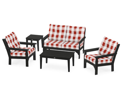 POLYWOOD® Vineyard 5-Piece Deep Seating Set in Black / Buffalo Plaid Crimson