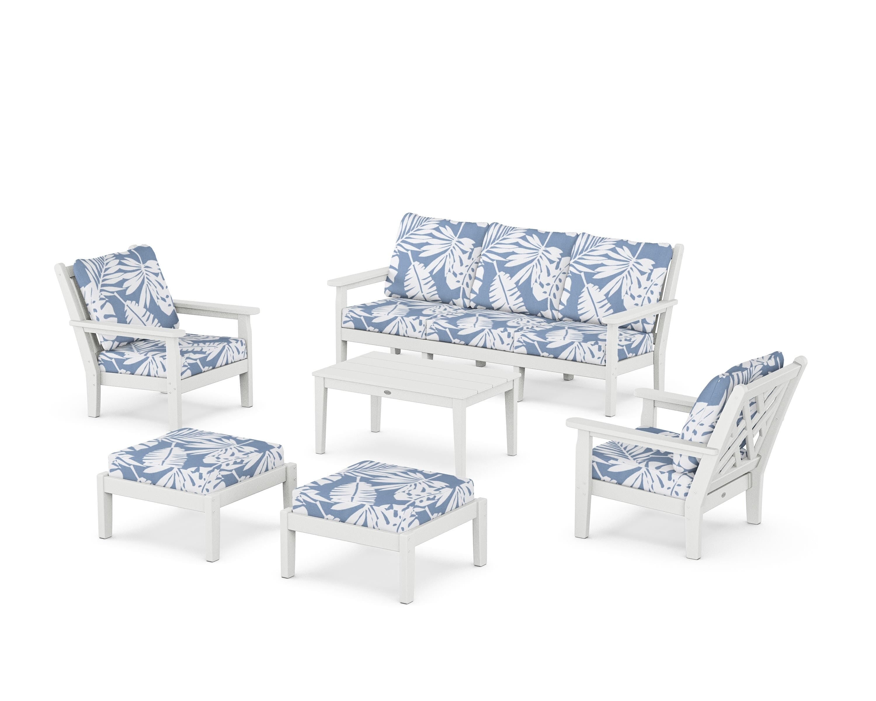 POLYWOOD® Chippendale 6-Piece Lounge Sofa Set in White / Leaf Sky Blue
