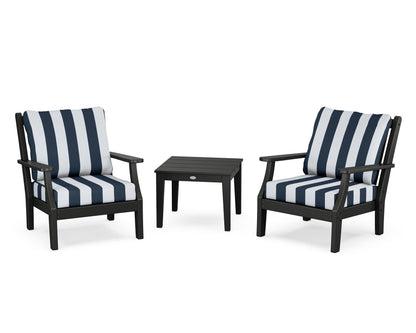Country Living Wovendale 3-Piece Deep Seating Set in Black / Cabana Stripe Marine Indigo