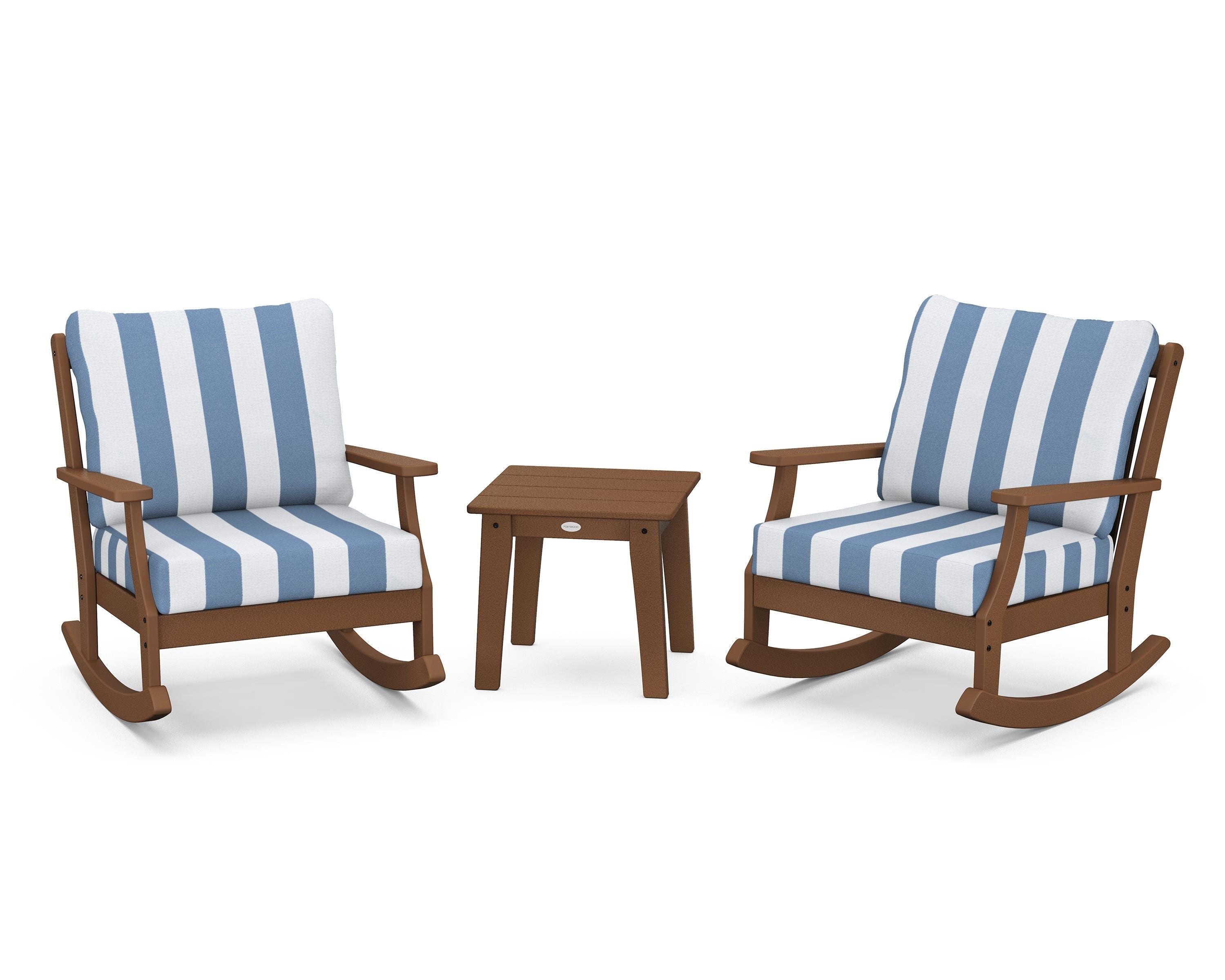 POLYWOOD® Braxton 3-Piece Deep Seating Rocker Set in Teak / Cabana Stripe Sky Blue