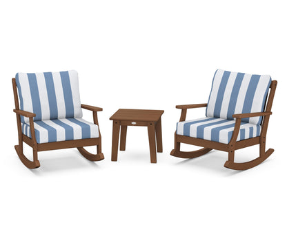 POLYWOOD® Braxton 3-Piece Deep Seating Rocker Set in Teak / Cabana Stripe Sky Blue