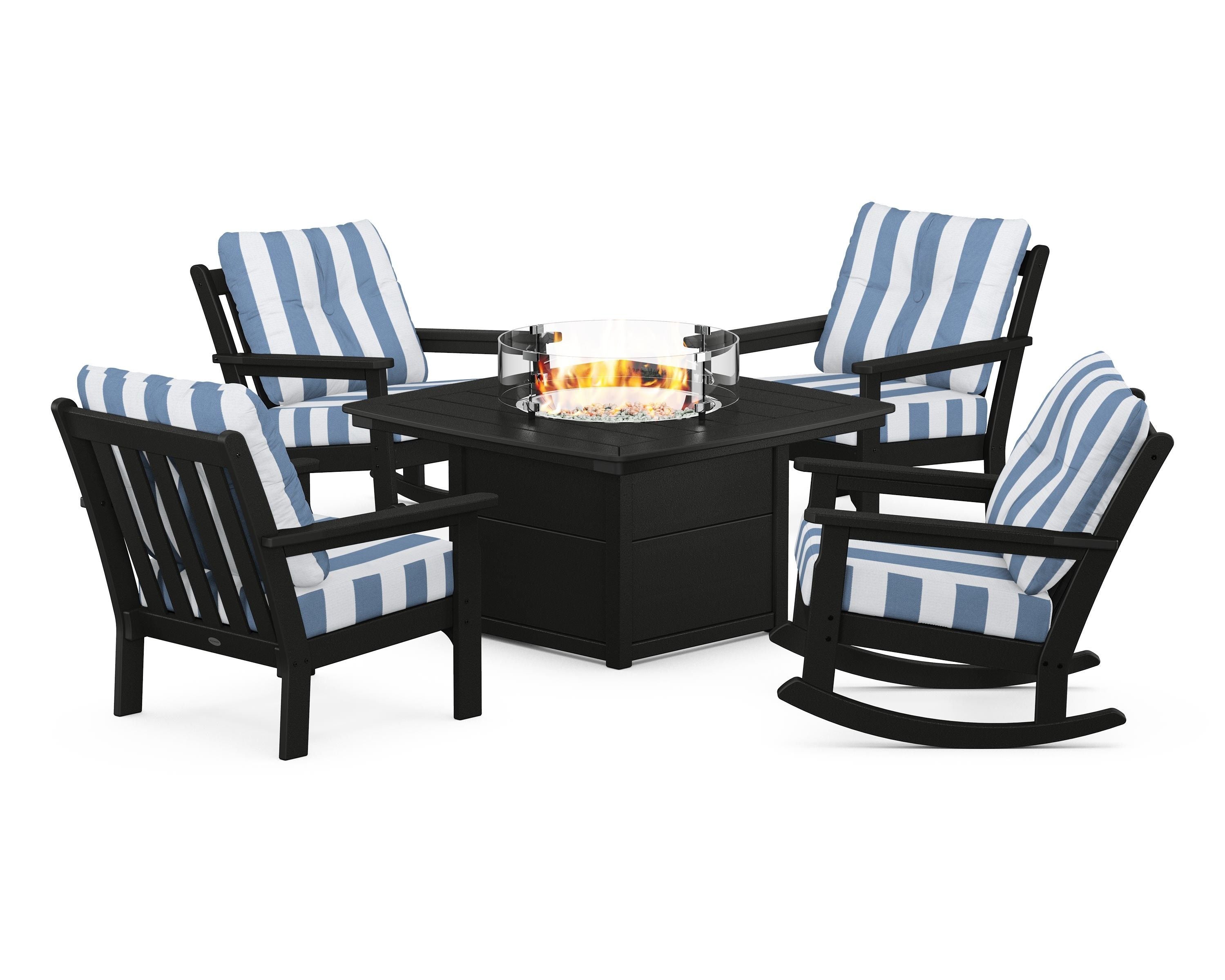POLYWOOD® Vineyard 5-Piece Deep Seating Rocking Chair Conversation Set with Fire Pit Table in Black / Cabana Stripe Sky Blue