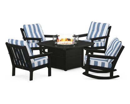 POLYWOOD® Vineyard 5-Piece Deep Seating Rocking Chair Conversation Set with Fire Pit Table in Black / Cabana Stripe Sky Blue