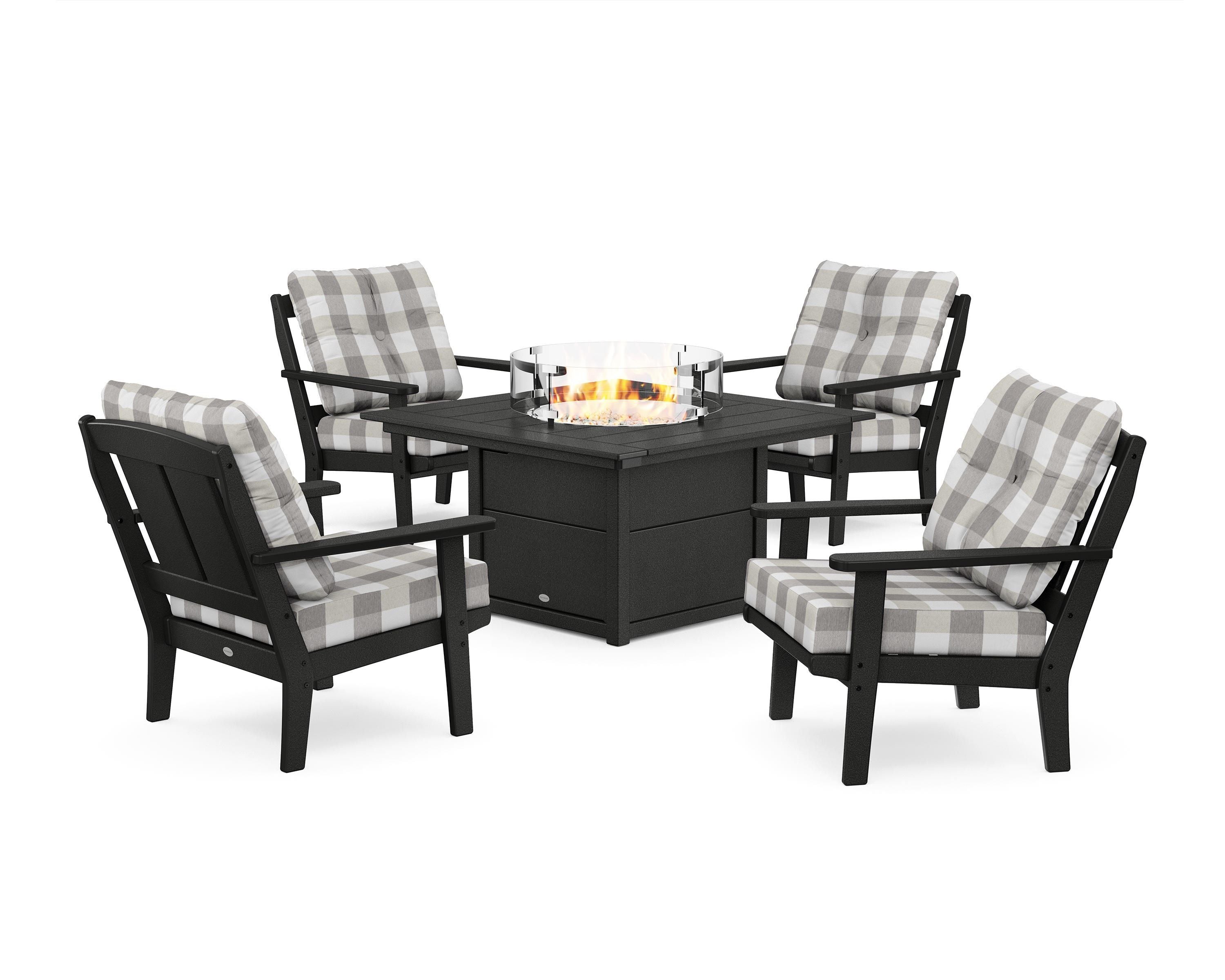 POLYWOOD® Mission 5-Piece Deep Seating Set with Fire Pit Table in Black / Buffalo Plaid Grey Mist