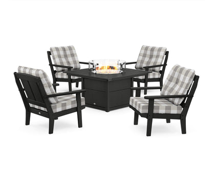 POLYWOOD® Mission 5-Piece Deep Seating Set with Fire Pit Table in Black / Buffalo Plaid Grey Mist