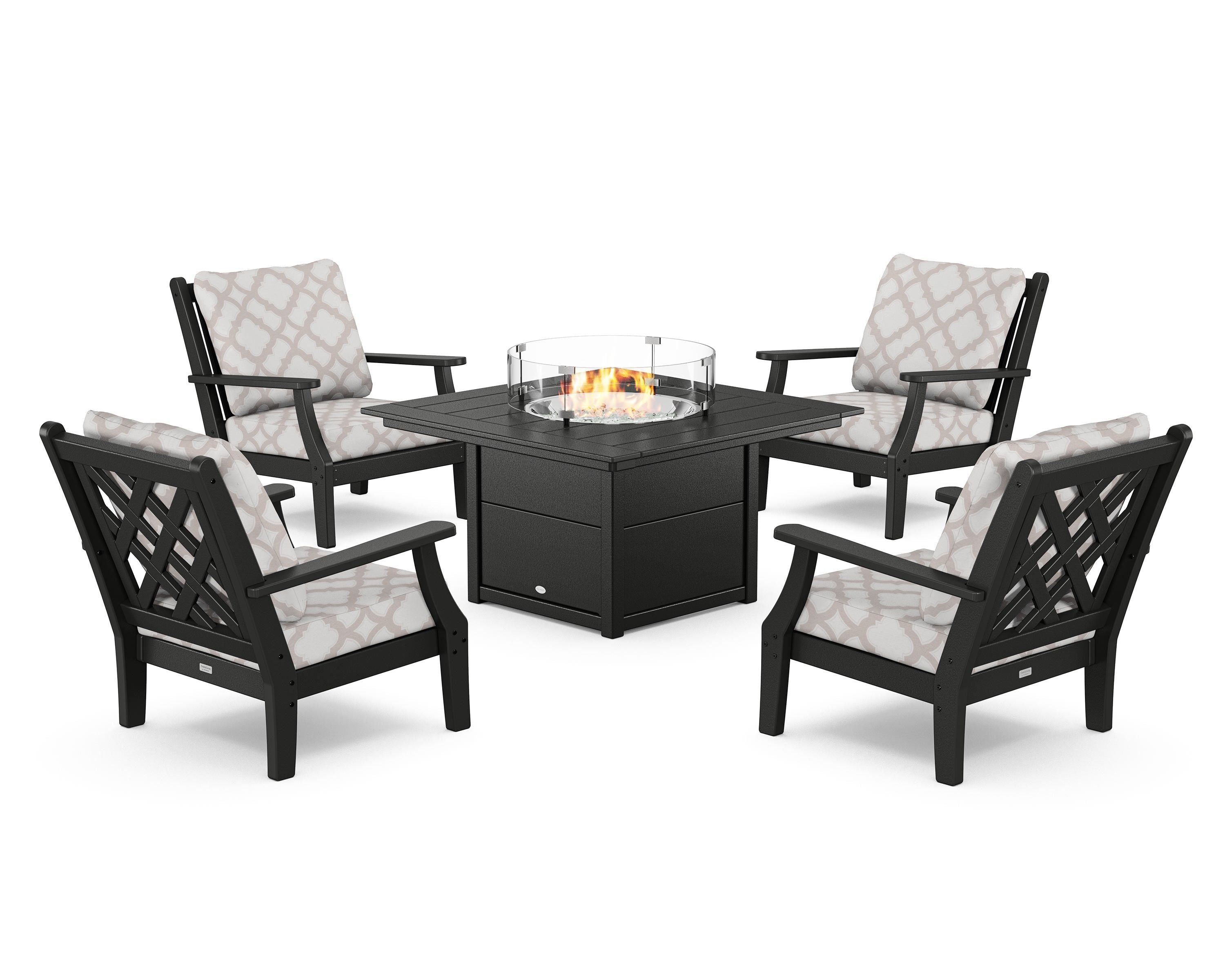 Country Living Wovendale 5-Piece Deep Seating Set with Fire Pit Table in Black / Trellis Dune Burlap