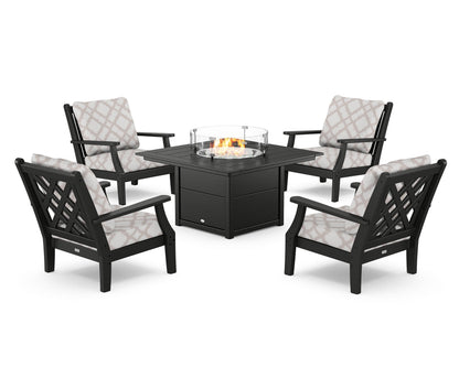 Country Living Wovendale 5-Piece Deep Seating Set with Fire Pit Table in Black / Trellis Dune Burlap