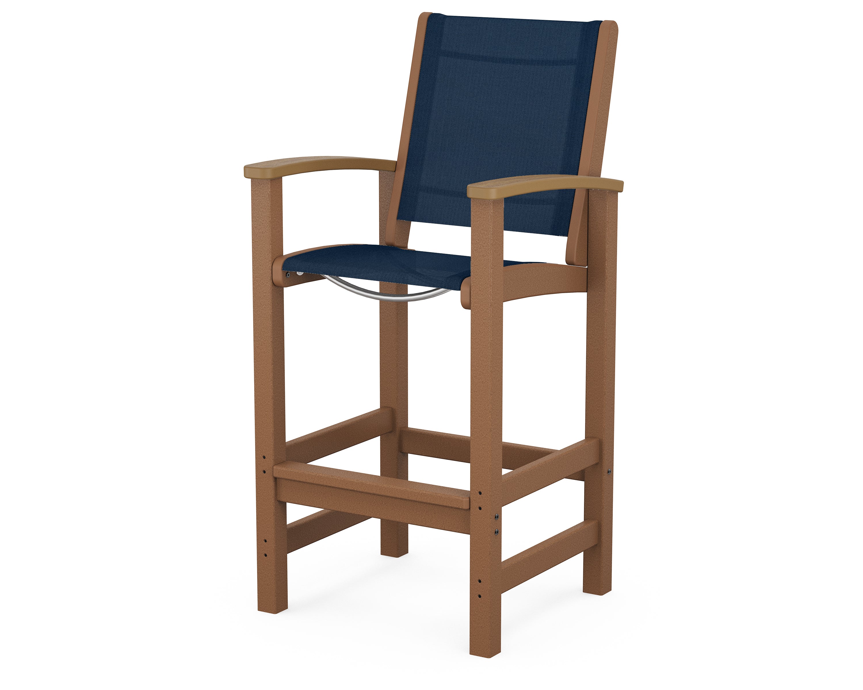 POLYWOOD® Coastal Bar Chair in Teak / Natural / Navy Blue Sling