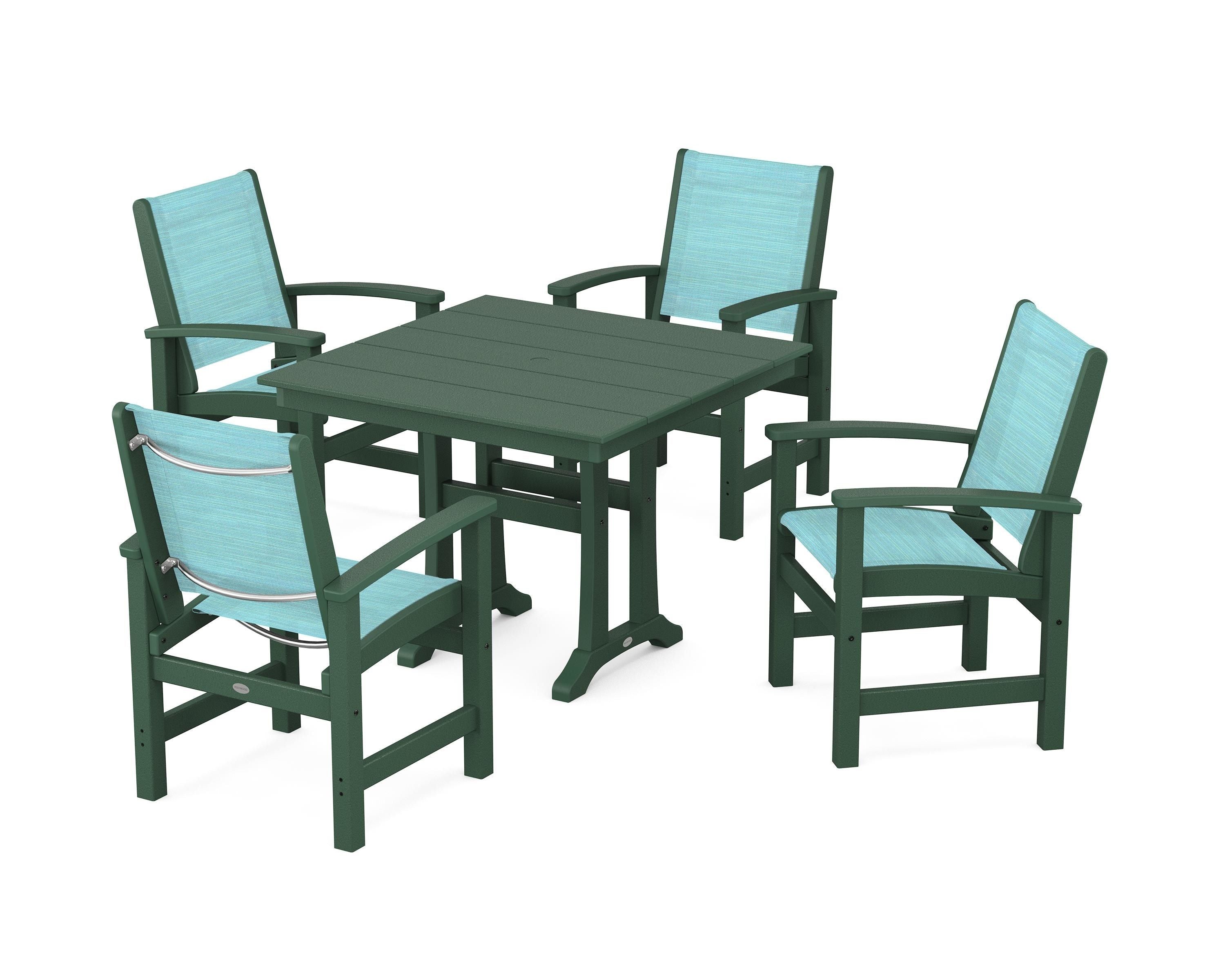 POLYWOOD® Coastal 5-Piece Farmhouse Dining Set With Trestle Legs in Green / Dupioni Aquamarine Sling