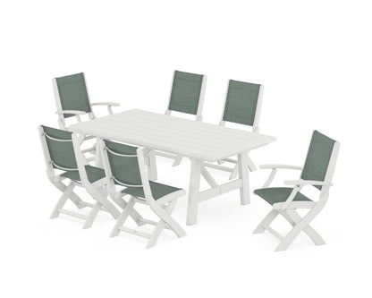 POLYWOOD® Coastal Folding Chair 7-Piece Rustic Farmhouse Dining Set in White / Dupioni Sea Mist Sling