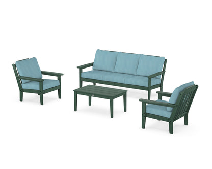 Country Living Cottage 4-Piece Deep Seating Set with Sofa in Green / Lattice Sky Blue