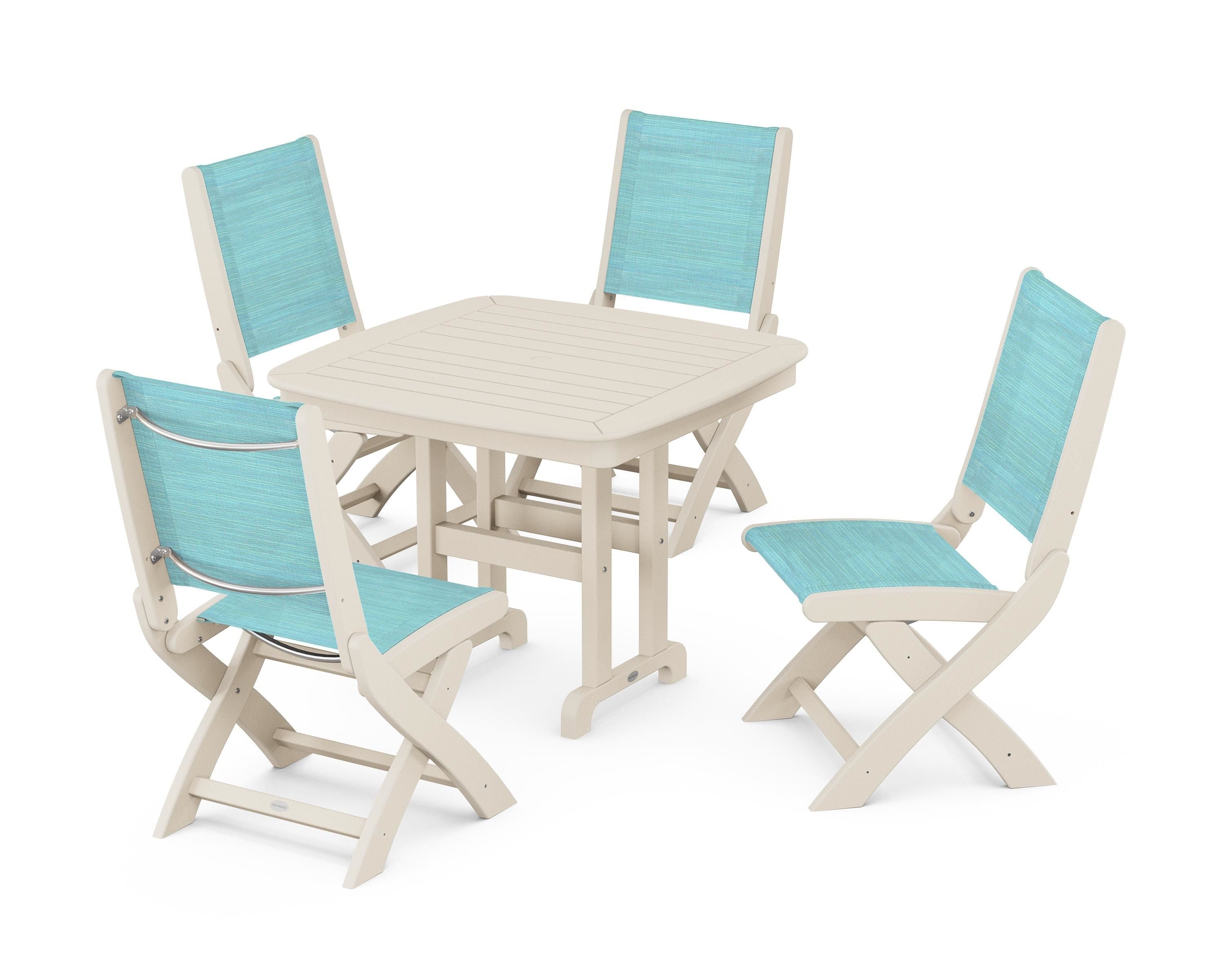 POLYWOOD® Coastal Folding Side Chair 5-Piece Dining Set in Sand / Dupioni Aquamarine Sling