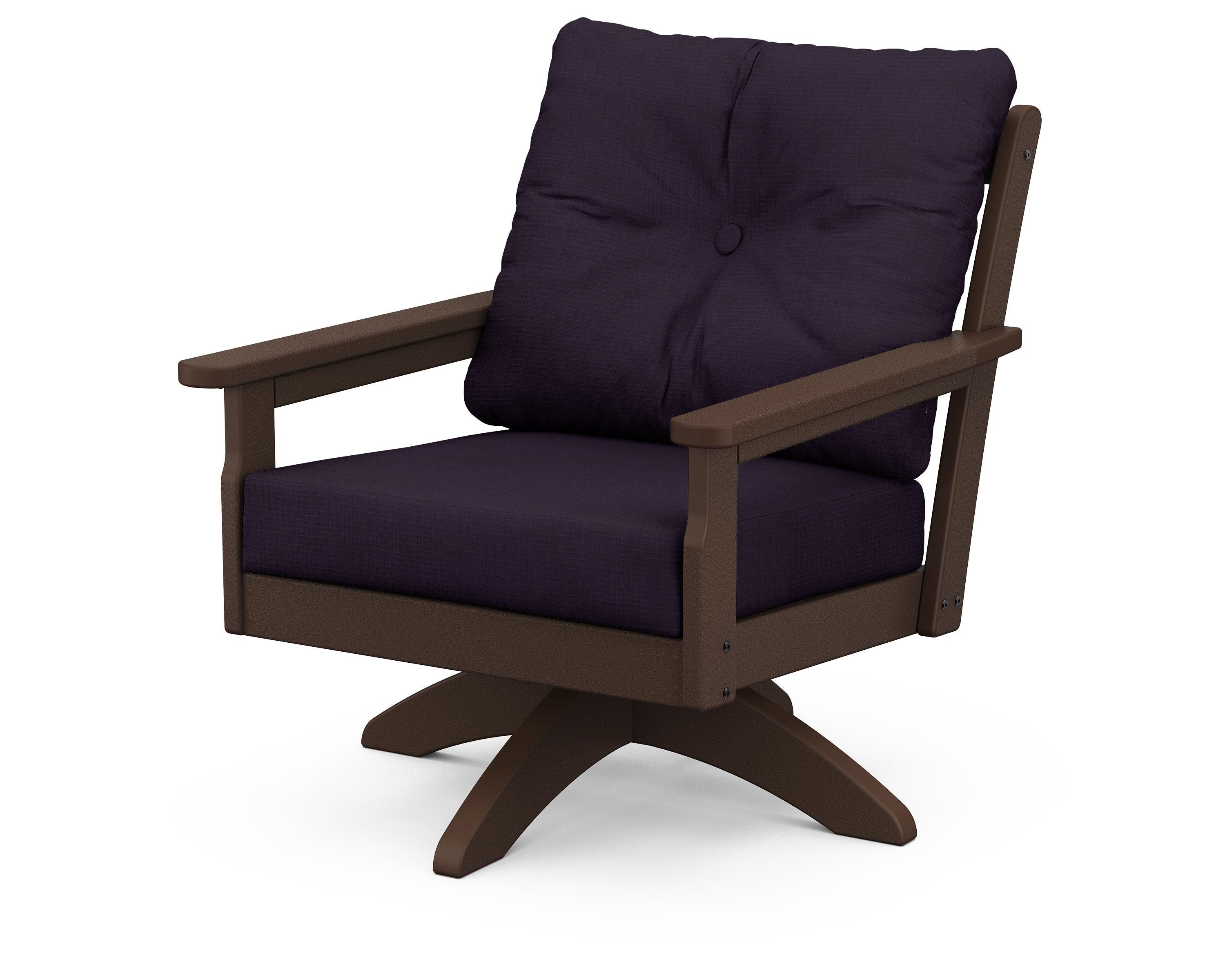 POLYWOOD® Vineyard Deep Seating Swivel Chair in Mahogany / Navy Linen