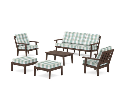 POLYWOOD® Oxford 6-Piece Lounge Sofa Set in Mahogany / Buffalo Plaid Glacier Spa