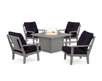 POLYWOOD® Prairie 5-Piece Deep Seating Set with Fire Pit Table in Slate Grey / Navy Linen