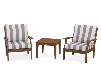 POLYWOOD® Braxton 3-Piece Deep Seating Set in Teak / Cabana Stripe Grey Mist