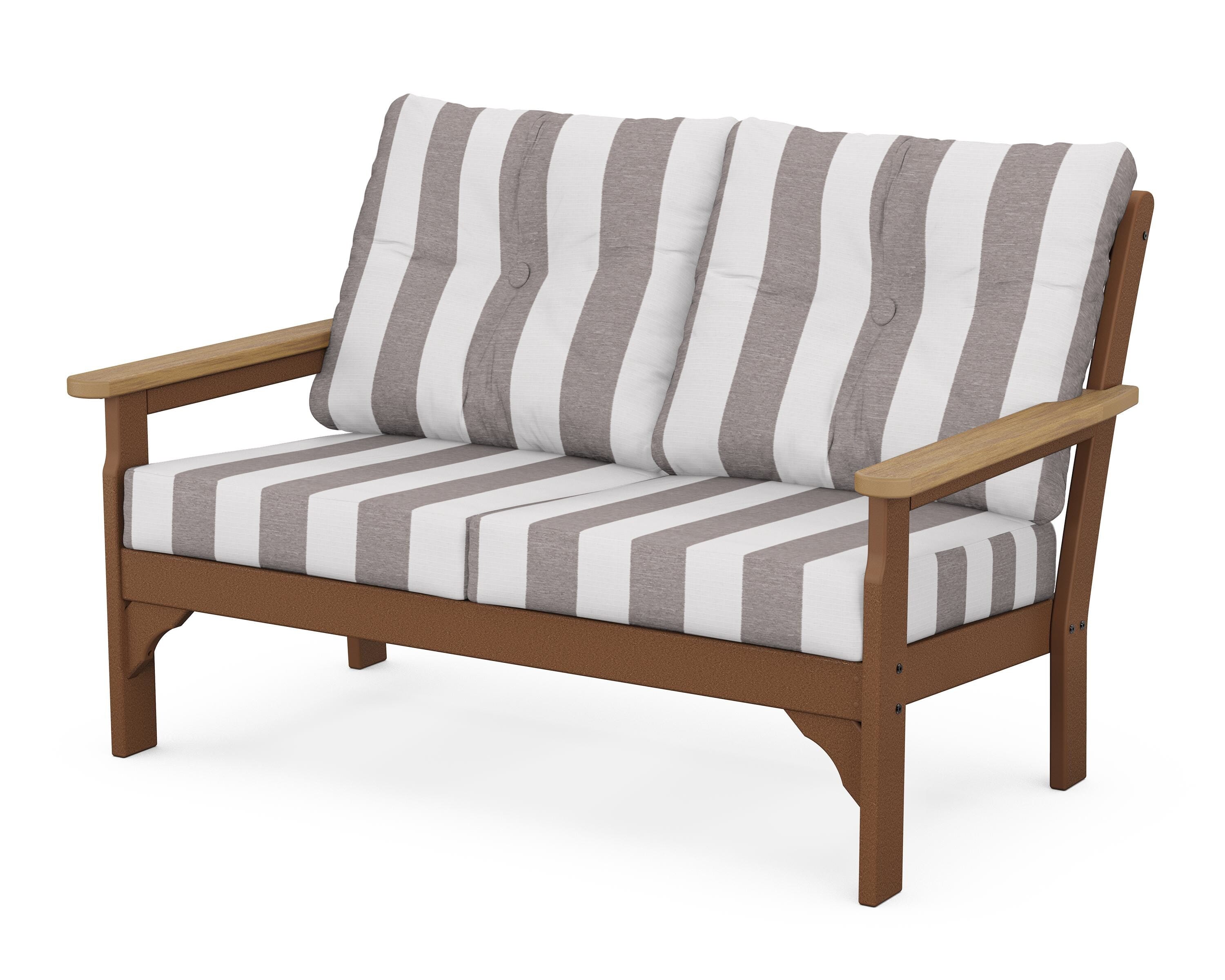 POLYWOOD® Vineyard Deep Seating Loveseat in Teak / Natural / Cabana Stripe Grey Mist