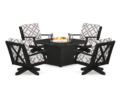 POLYWOOD® Braxton 5-Piece Deep Seating Swivel Conversation Set with Fire Pit Table in Black / Trellis Grey Mist